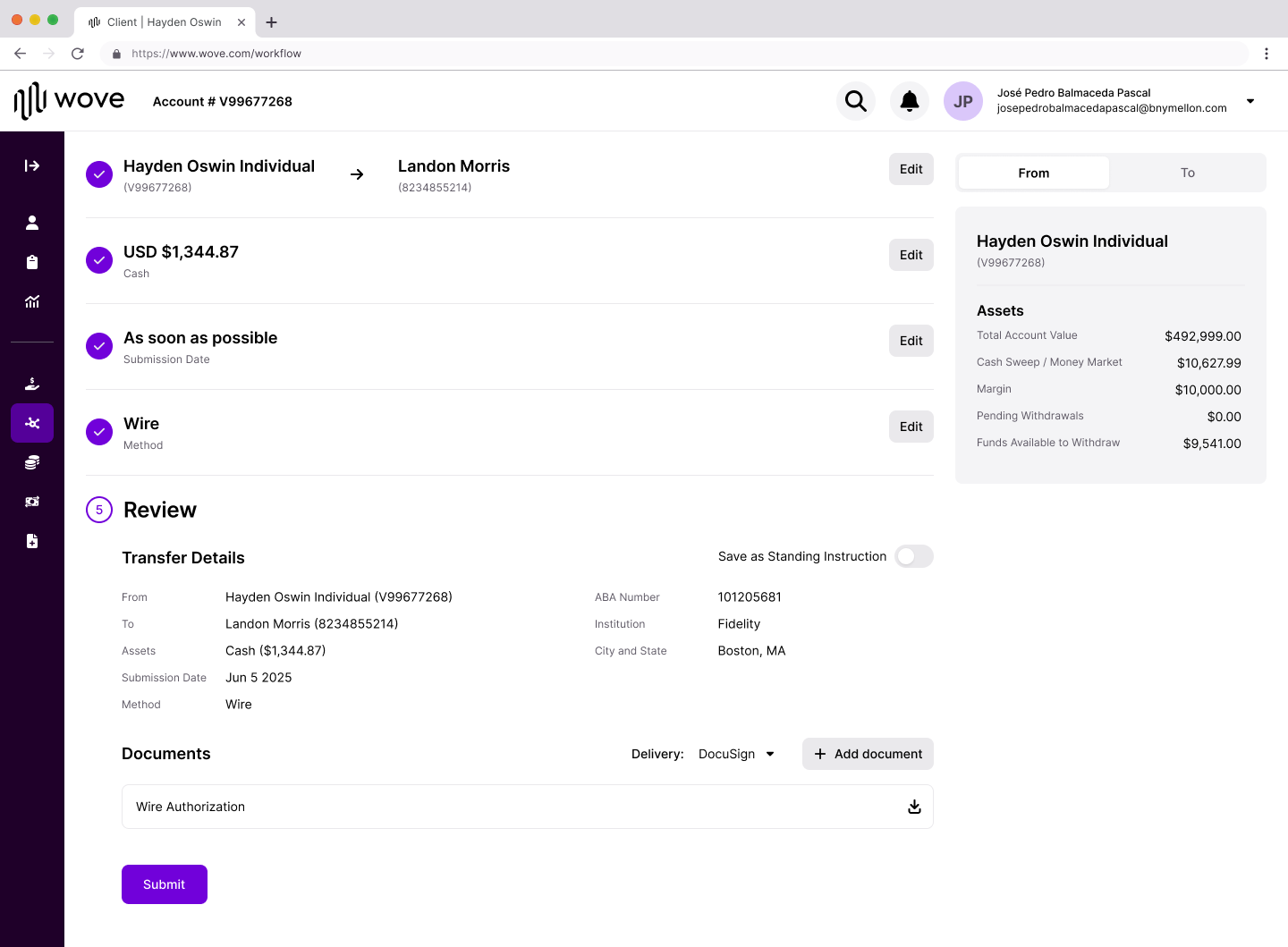 V2 Asset Movement design showing the collapsing stepper — each completed step collapses into a summary card